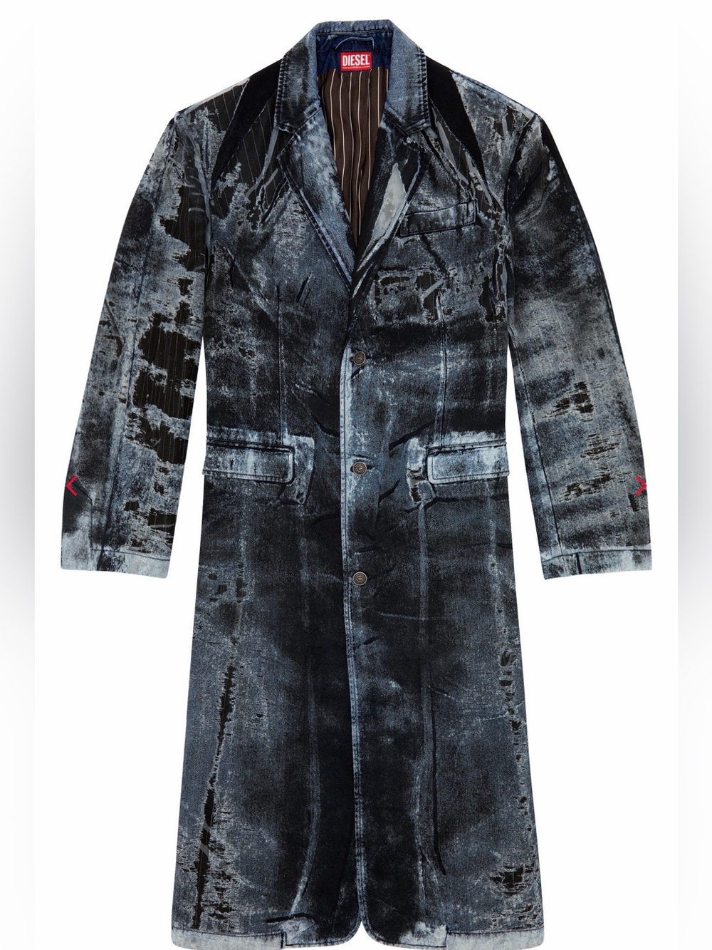 Diesel Black Washed Denim-Effect Long Trench Coat